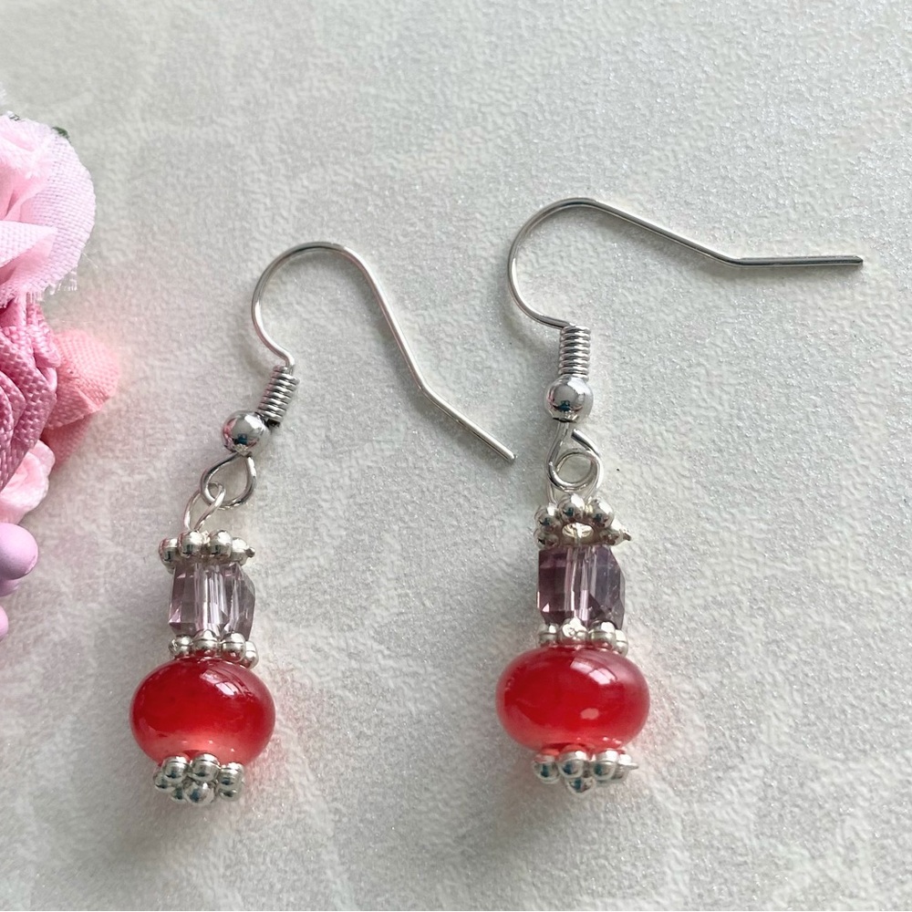 Handcrafted Silver Red glass Bead and purple crystal Drop Earrings